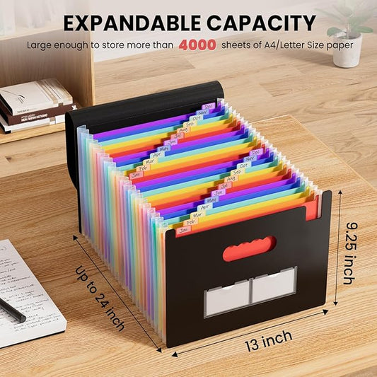 Sooez 24 Pockets Expanding File Folder with Blank Labels, According File Organizer with Expandable Cover, Desktop Accordion F
