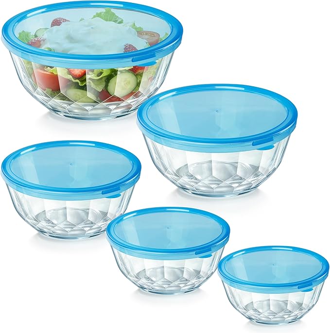 ENVTEK Thick Glass Mixing Bowls with Airtight Lids Set, 5-Piece Nesting Bowls for Baking & Meal Prep, BPA Free, Dishwasher Safe, 0.5/0.8/1.6/2.7/4.4 Quart - Blue