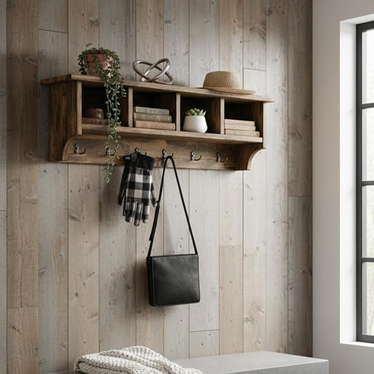 Alaterre Furniture Pomona Entryway Organizer – Rustic Farmhouse 48-Inch Wall-Mounted Coat Rack with 6 Double Hooks & 4 Open C