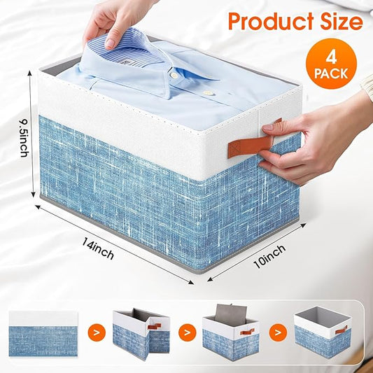 Fab totes Collapsible Storage Baskets for Shelves,14"x10", 4 Pack Foldable Fabric Storage Bins with Double Leather Handles, L