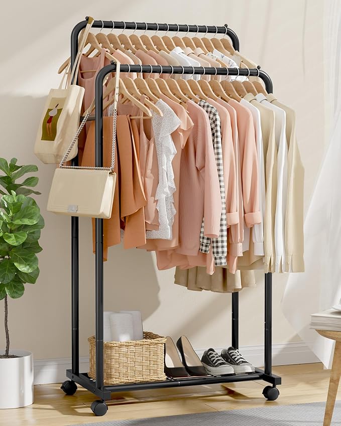 Sakugi Clothes Rack - Clothing Rack with Storage Mesh Shelf & Casters, Heavy-Duty Metal Clothing Rack for Hanging Clothes, Dr