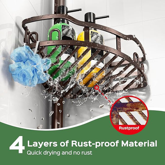 HAMITOR Shower Caddy Tension Pole: Rustproof Quick Install Corner Bathroom Organizer Shelf on Floor for Renters - 4-Tier Larg