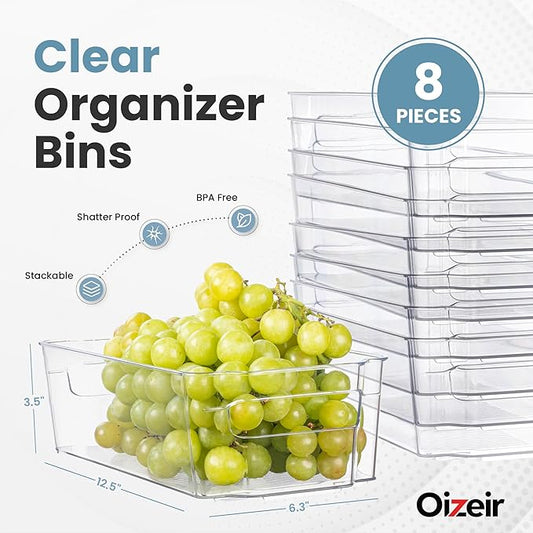 Oizeir 8 Pack Clear Plastic Storage Bins with Handles – Stackable Fridge Organizer Bins for Refrigerator, Freezer, Pantry, Ki