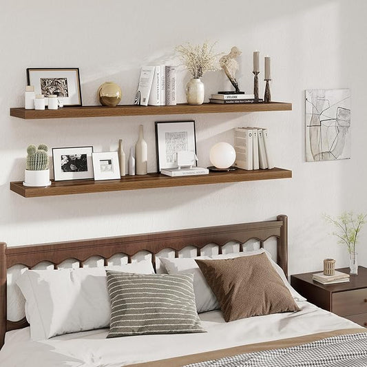 Fun Memories 12 Inch Deep Floating Shelves, 67 Inch Long Extra Large Floating Shelves Set of 2, Wood Wall Shelves for Living