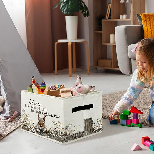 Rustic Squirrel Storage Bins & Boxes with Handles, Farmhouse Squirrel Foldable Basket for Organizing, Live Like Someone Left