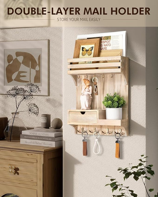 Rebee Vision Decorative Key Holder Wall Mount with Mini Drawer Organizer - Farmhouse Key Holder for Wall with Mail Organizer