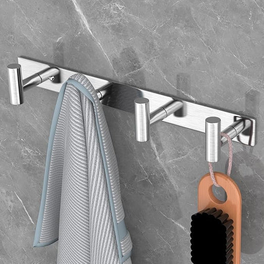 VAEHOLD 1PACK Hat and Coat Wall Mount Rack - 4 Hooks for Robes, Bags, Keys, and Towels - Bathroom Towel Hanger Organizer -Sil