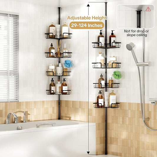 Corner Shower Caddy Tension Pole Adjustable 29–124 Inch, 4 Tier Rustproof Shower Organizer Shelf Rack, Quick Installation Bat