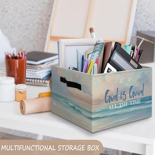 Christian Coastal Beach Foldable Storage Bins Box with Handles, God Is Good All the Time Bible Verse Religious Collapsible Or
