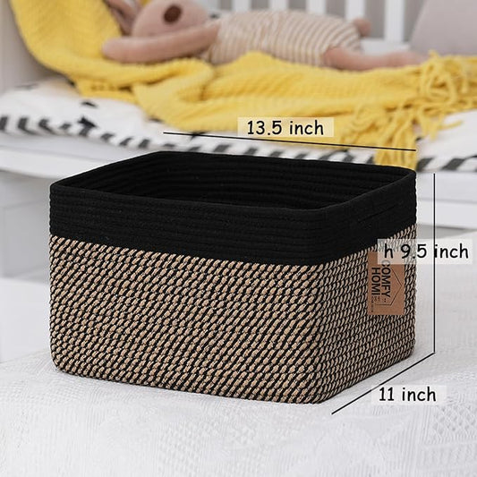 COMFY-HOMI Cotton Rope Woven Basket with Handles for Shelves,Toys,Book, Cloth Storage Baskets Bin for Organizing-13.5"x11"x9.
