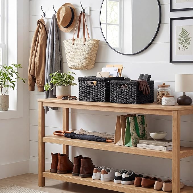 StorageWorks Wicker Basket with Handle, Wicker Storage Baskets for Organizing, Decorative Storage Baskets for Shelves, Paper