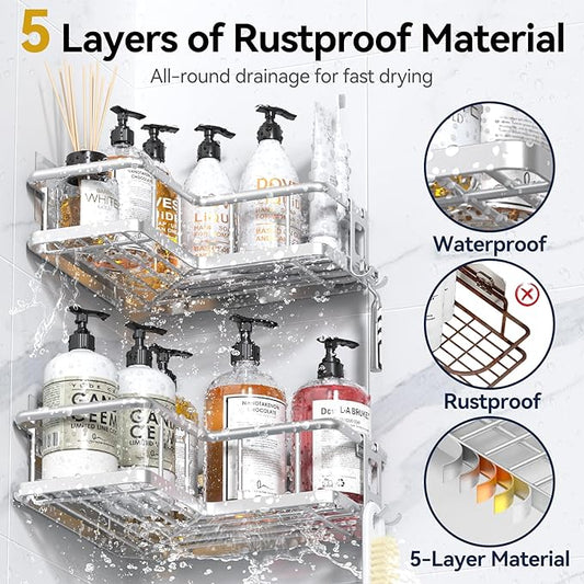 YASONIC Corner Shower Caddy Organizer, Self-Adhesive Rustproof Bath Shelves with Soap Holder & 4 Hooks, Large Capacity Shower