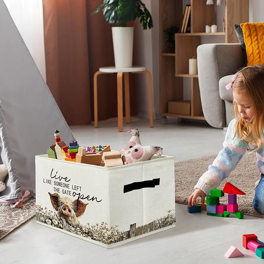 Rustic Pig Storage Bins & Boxes with Handles, Farmhouse Pig Foldable Basket for Organizing, Live Like Someone Left the Gate O