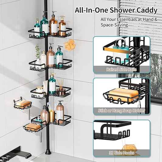 KEGII 2-in-1 Soap Holders x 2 & 32 Hooks Shower Caddy Tension Pole, Stainless Steel Adjustable Corner Shower Organizer for Ba