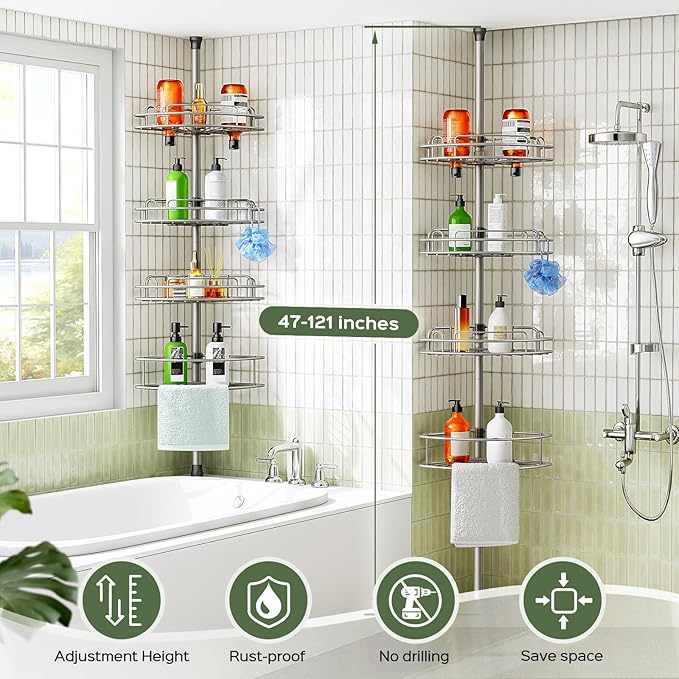HAMITOR Corner Shower Caddy Tension Pole: 4-Tier Rust-Resistant Adjustable Bathroom Organizer Shelves - 47-121 Inch No-Drill