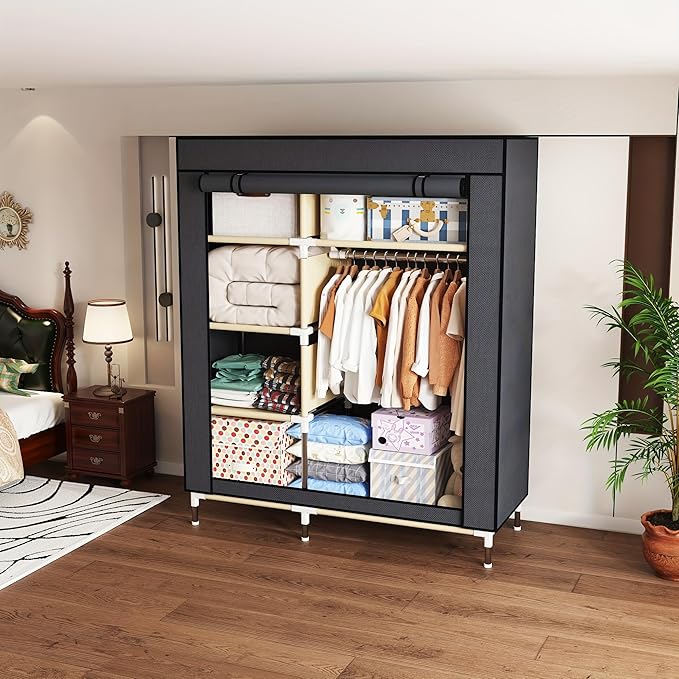 Portable Wardrobe Closet Durable and Easy to Assemble Heavy Duty Clothes Rack with Non-Woven Cover Fabric Best for Bedroom an