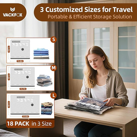 18 Pack Travel Vacuum Bags for Clothing,Compression Seal Packing Cubes for Suitcase Backpack,Vacuum Seal Bags for Clothing,Ca