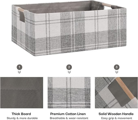 Fabric Storage Bin Box Collapsible Cotton Linen Storage Cube with Wooden Handles Rectangular Decorative Home Organizer Clothe