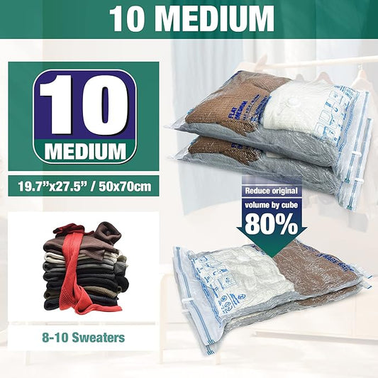 Vacuum Storage Bags, 10 Medium Space Saver Vacuum Seal Bags, Space Bags, Vacuum Sealer Bags for Clothes with Travel Hand Pump