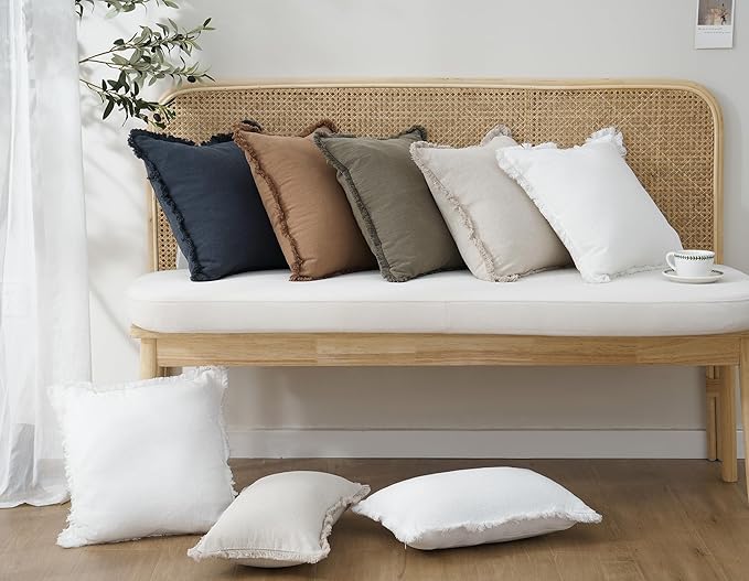 Foindtower Set of 2 Decorative Linen Fringe Throw Pillow Covers Cozy Boho Farmhouse Cushion Cover with Tassels Soft Accent Pi