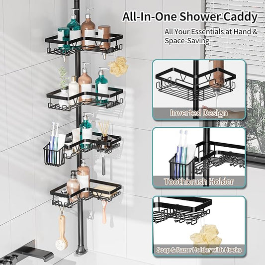 KEGII Shower Caddy Corner Tension Pole with Toothbrush Holder - Adjustable Corner Shower Organizer with Tooth Brush Holder, N