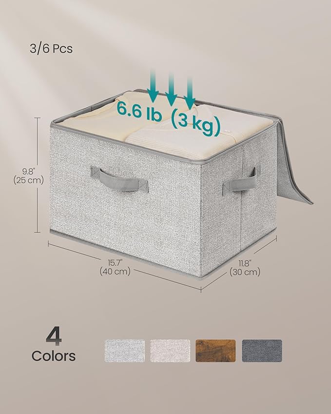 SONGMICS Foldable Storage Organizer Boxes, Set of 3 Storage Basket Bins with Lids, Handles, Clothes Organizer, 15.7 x 11.8 x