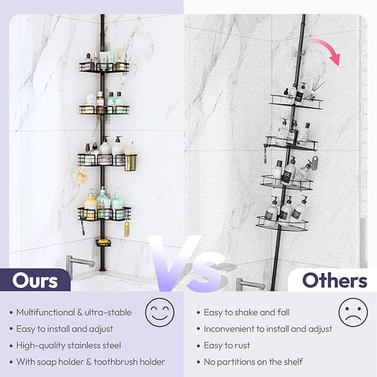 SWTYMIKI Shower Caddy Tension Pole - 4-Tier Corner Shower Organizer Tension Rod with Soap Holder, Toothbrush Holder & 4 Hooks