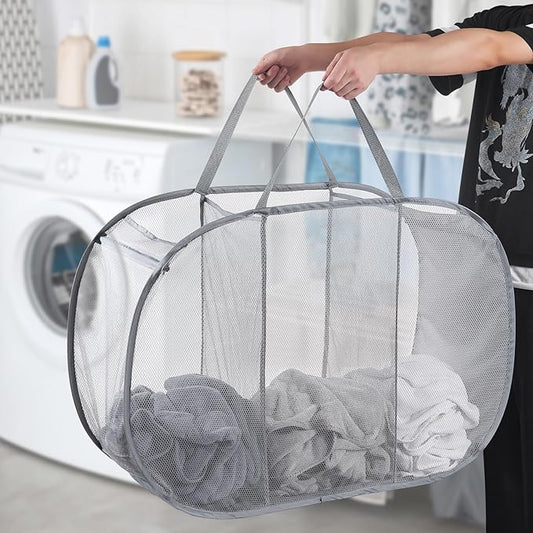 Seiritex Mesh Popup Laundry Hamper 3 Compartment Sortable Horizontal Collapsible Laundry Basket for Clothes Laundry Room Bedr