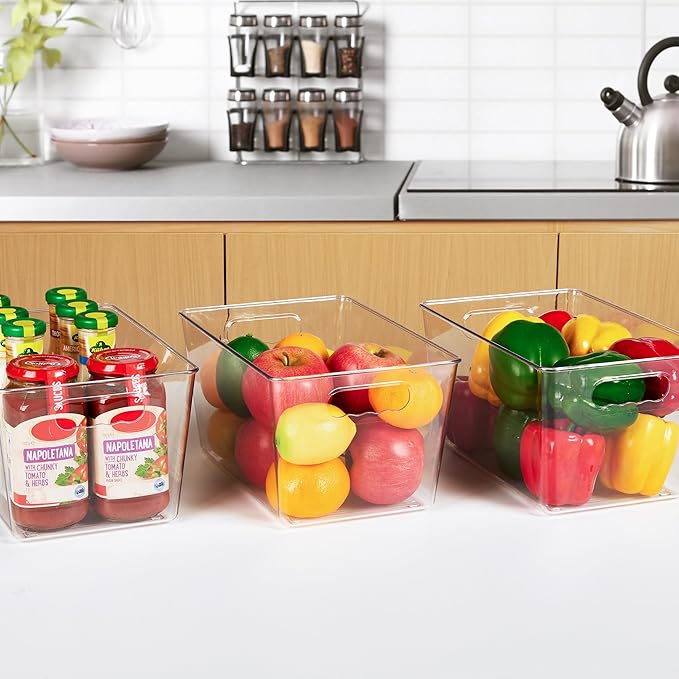 YIHONG 6 Pack Clear Pantry Organizer Bins, Plastic Containers with Handle for Kitchen,Freezer,Cabinet,Closet,Bathroom Under S