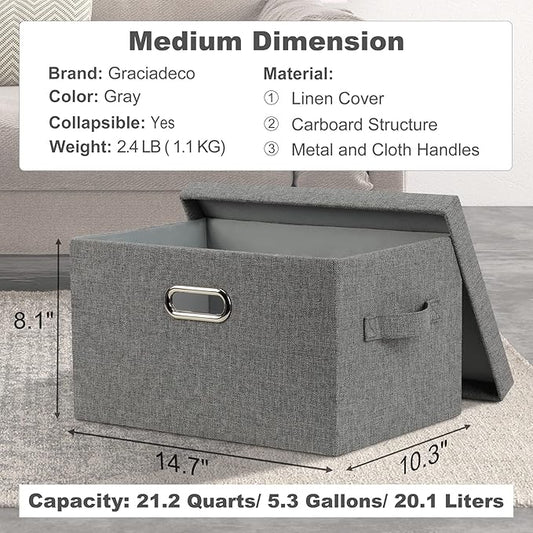 Graciadeco Medium 15" 21 Quart Collapsible Stackable Storage Bins with Lids, 1 Pack Gray Foldable Fabric Closet Storage Boxes