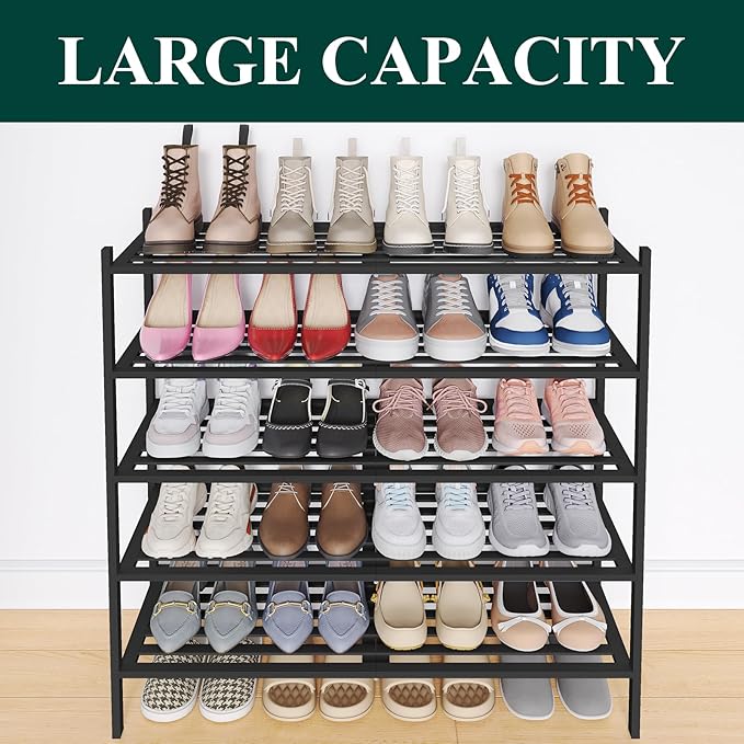 Smiry Long Bamboo Shoe Rack 5-Tier, Stackable Wooden Shoe Organizer for Entryway & Closet, Free Standing Wood Shoe Storage Sh