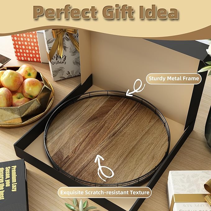 Acacia Wood 16" Lazy Susan Turntable Organizer for Table Top, Farmhouse Large Round Lazy Susan for Cabinet Kitchen Centerpiec