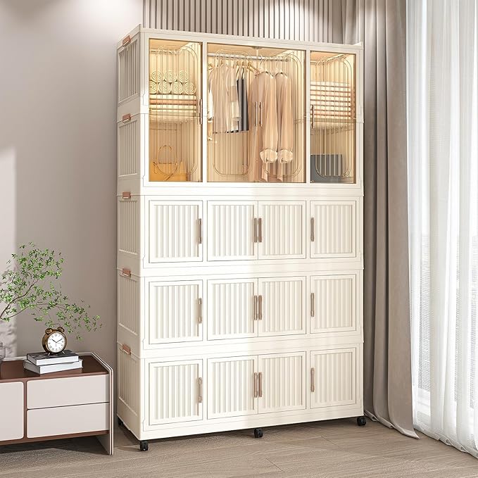 Portable Wardrobe Closet, Folding Bedroom Armoire, Plastic Closet Organizer with Hanging Rod, Clothing Storage Bins with Magn
