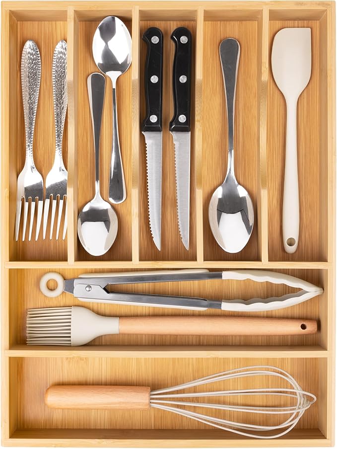 Bellsal Bamboo Silverware Drawer Organizer, Kitchen Utensil Drawer Organizers, 12"x15.7" Utensils Holder Cutlery Tray with Gr