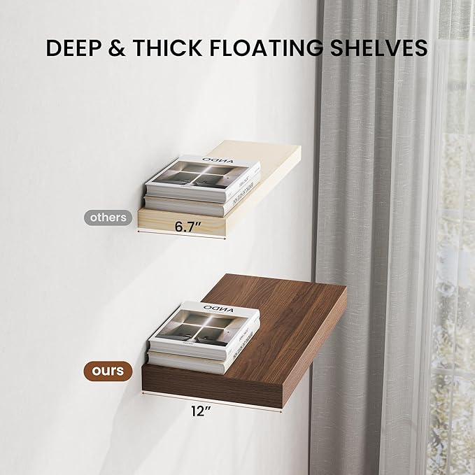 Dreamland 32" Floating Shelves for Wall, 12" Deep Thicker Walnut Floating Shelves, Wall-Mounted Shelves for Bedroom, Living R