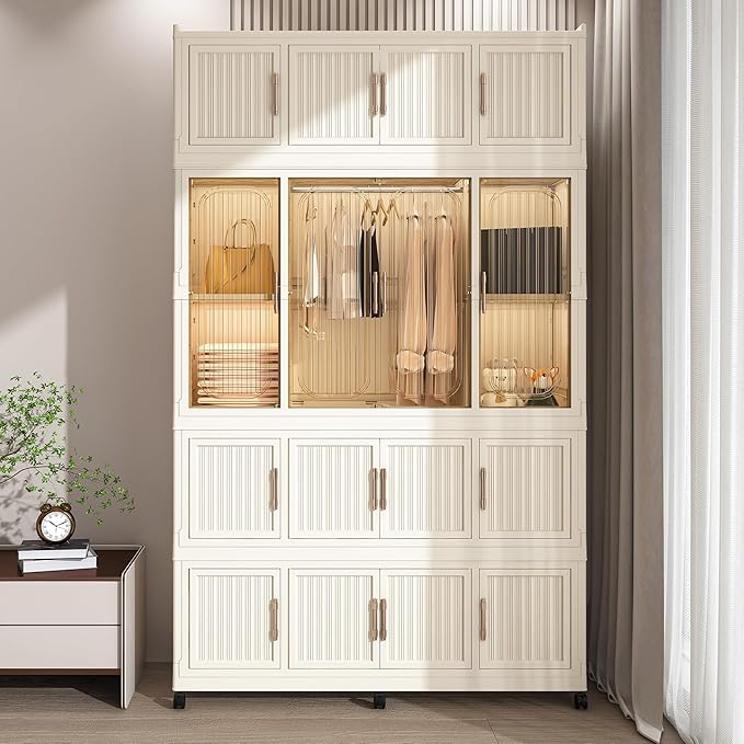Leavader Portable Wardrobe Closet Storage Organizer for Clothes, Large Collapsible Plastic Wardrobe with Wheels, Foldable Clo