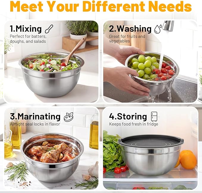 Beasea Stainless Steel Mixing Bowl Set of 3, 2 QT Stackable Metal Mixing Bowls with Lids for Baking, Prepping, Serving, Stainless Nesting Bowl with Black Lids for Kitchen, Salad, Dough