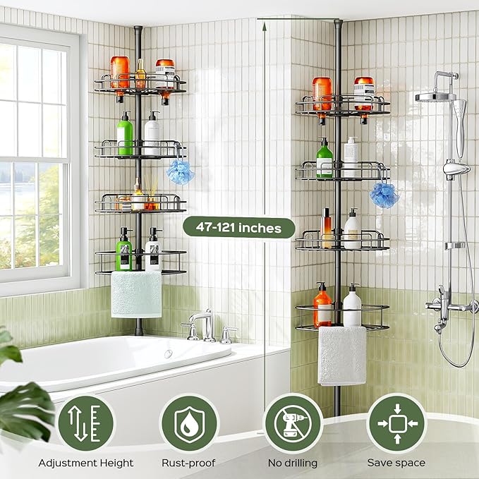 HAMITOR Corner Shower Caddy Tension Pole: 4-Tier Rust-Resistant Adjustable Bathroom Organizer Shelves - 47-121 Inch No-Drill