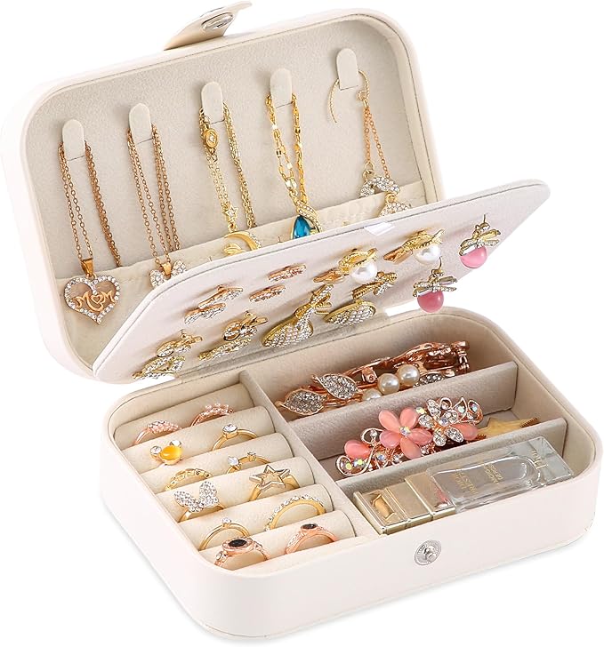 Travel Jewelry Box, PU leather Small Jewelry Organizer For Female Girls, double layer portable mini travel case for storing e