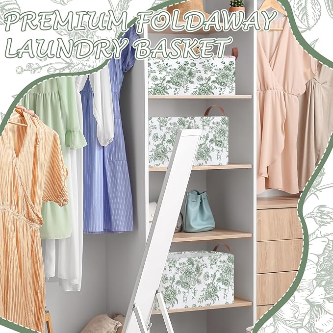 Boao 3 Pcs Sage Green Floral Storage Bin Collapsible Large Storage Baskets for Gifts Canvas Laundry Basket Foldable Box with