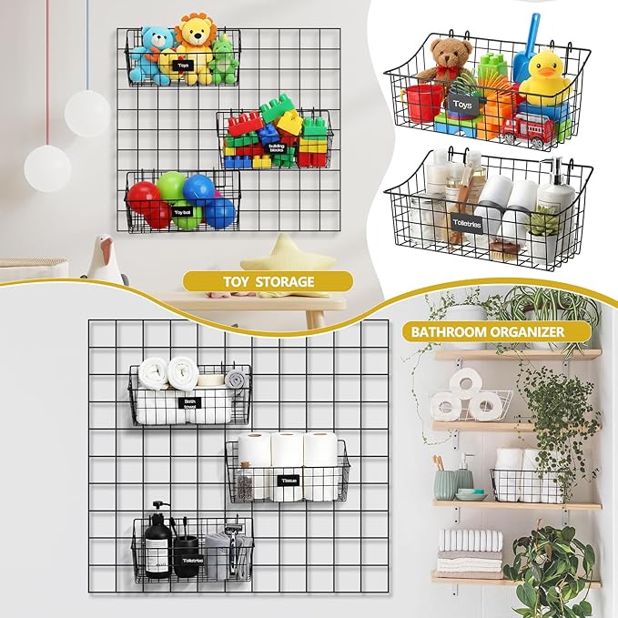 4 Pack Black Grid Wall Baskets, 12 x 6 x 5.1 Inch Metal Wire Wall Basket with Hooks Label Hanging Basket Accessory for Vendor