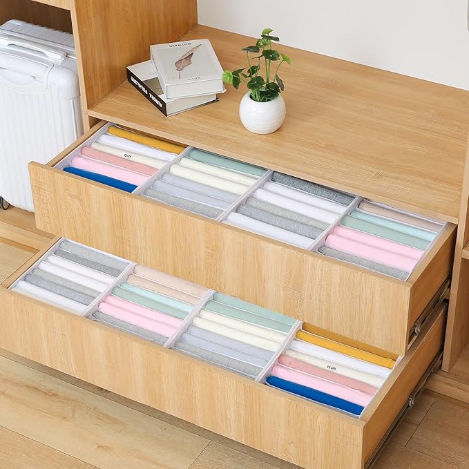 Qozary 4 Pack Drawer Organizers for Clothing, 8 Grids Foldable Closet Organizers and Storage Bins for Bedroom, Dresser Organi