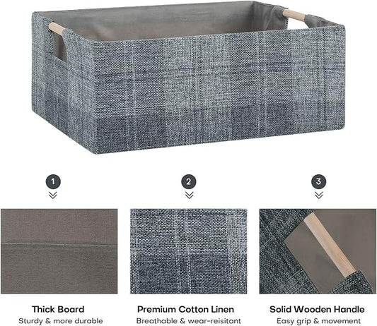 Fabric Storage Bin Box Collapsible Cotton Linen Storage Cube with Wooden Handles Rectangular Decorative Home Organizer Clothe