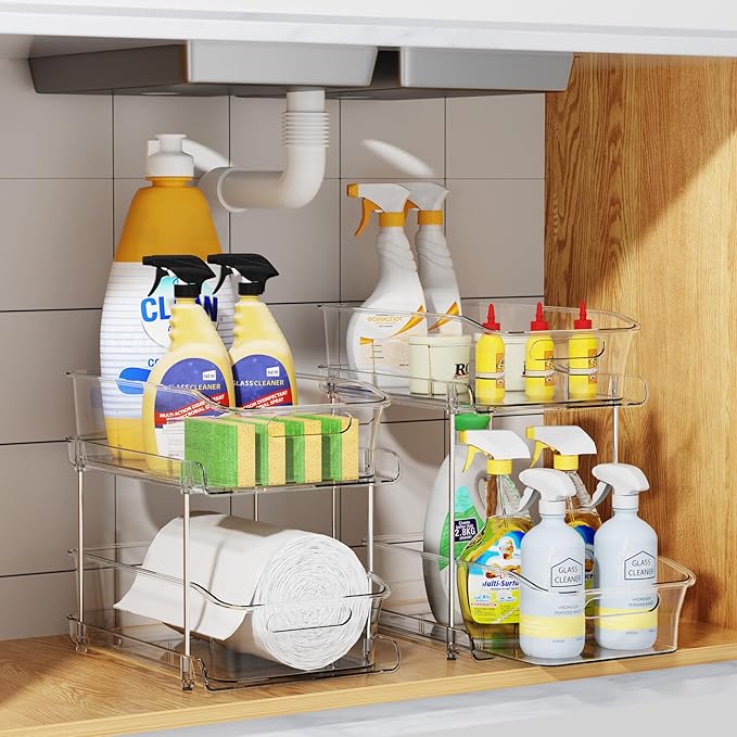 Delamu 2-Tier Under Sink Organizers and Storage, Multi-Purpose Stackable Bathroom Cabinet organizers, Pull Out Kitchen Pantry