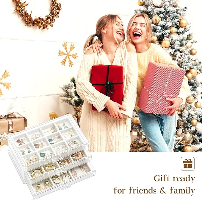 ProCase Earring Holder Organizer Jewelry Box with 3 Drawers, Acrylic Clear Earring Case with Adjustable Velvet Trays for Wome