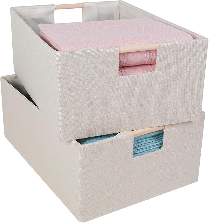 ANMINY 2PCS Storage Baskets for Organizing Collapsible Fabric Storage Bins Boxes with Wood Handles Closet Shelves Cube Organi