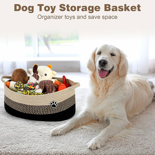 Optish Dog Toy Basket, Toy Box and Bin for Dog Cat Storage, 19.7" X 11" X 7.9" (30L) Large Woven Rope Basket for Blanket Stor