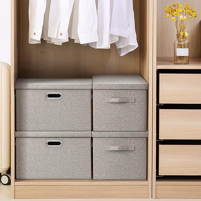 Graciadeco Large 17 36 Quart Collapsible Stackable Storage Bins with Lids, 1 Pack Beige Foldable Fabric Closet Storage Boxes