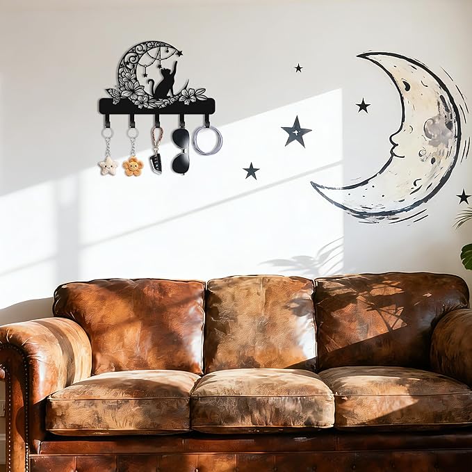 Cat Key Holder Wall Mount, Floral Moon and Star Metal Key Hanger with Butterfly, Cute Wall Decor with Storage, 13.4x9.5 Inch