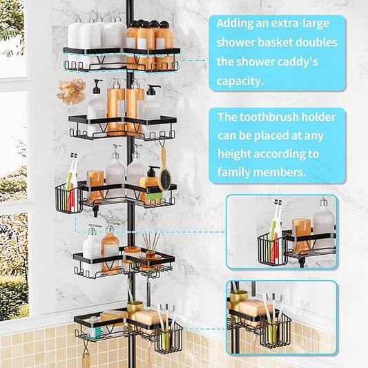 Adjustable Tension Pole Shower Caddy, 5-Tier Stainless Steel Shower Shelf Organizer with 2 Movable Toothbrush Holders, 25-115